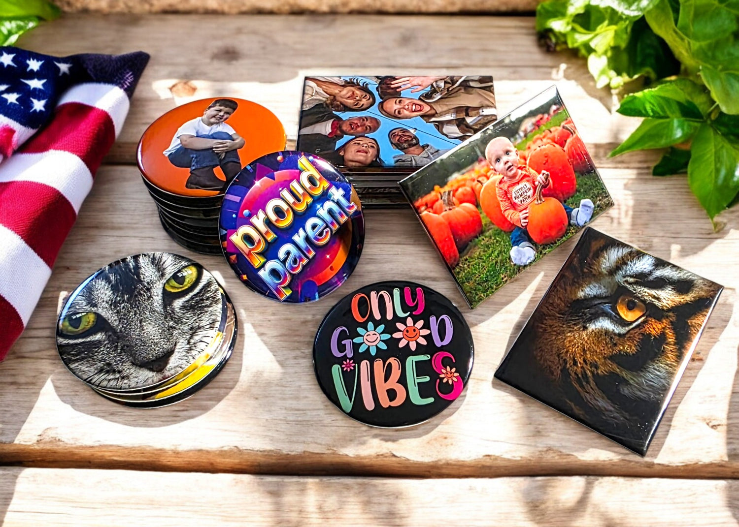 Glossy custom photo magnets and pin-back buttons, ideal gift ideas for family and friends, perfect for creating personalized memories.