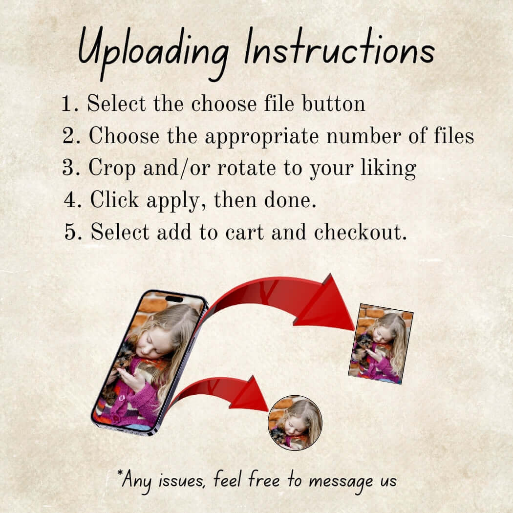 Instructions for uploading custom images for round design products, including file selection and cropping steps.