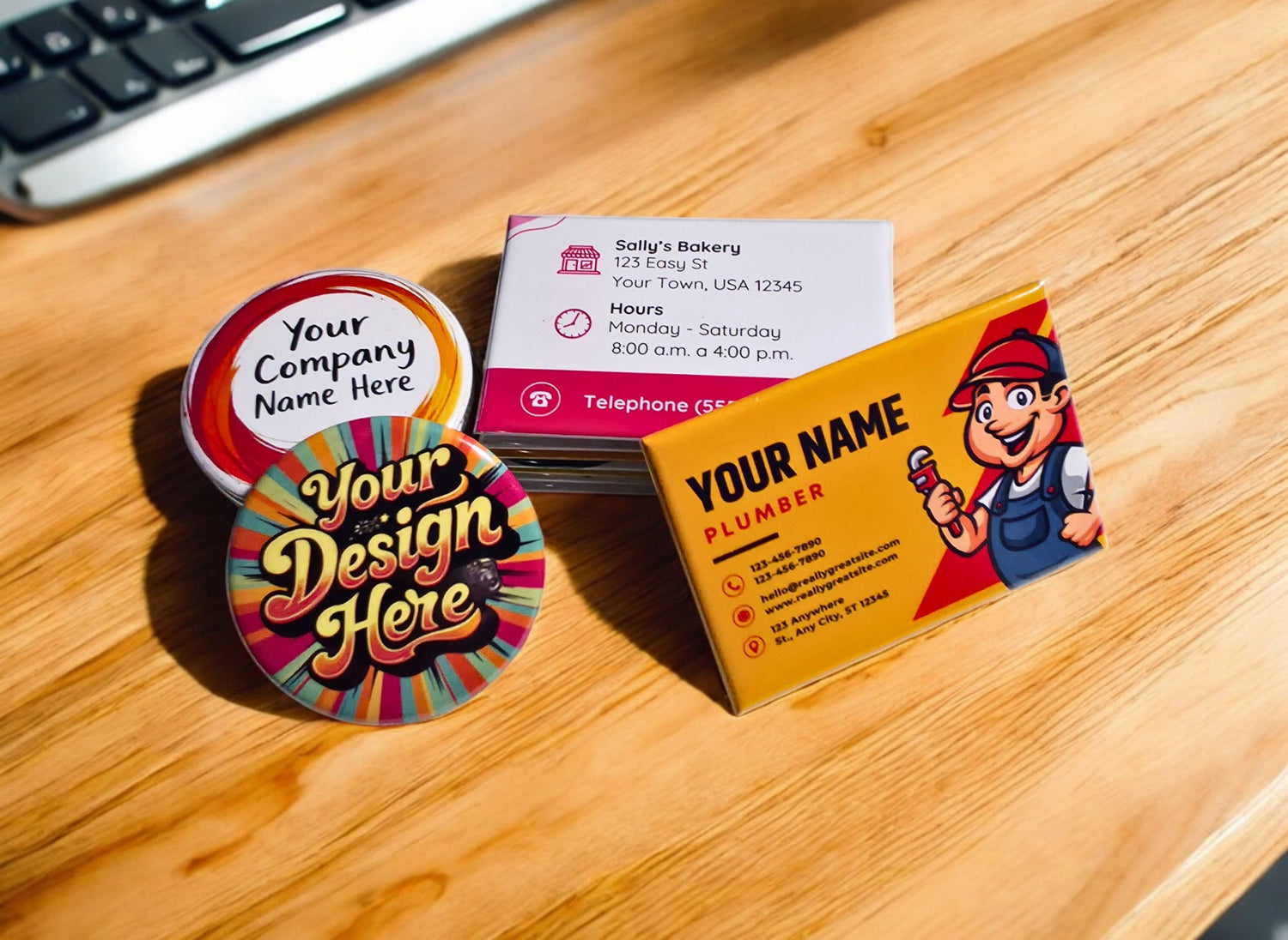 Custom magnetic business cards, magnets, and buttons, offering unique corporate advertising ideas for promotional use and company logos.