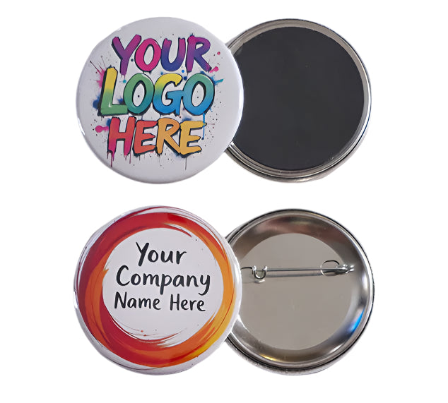 Custom corporate advertising ideas featuring personalized magnets and buttons, perfect for promotional giveaways and brand awareness