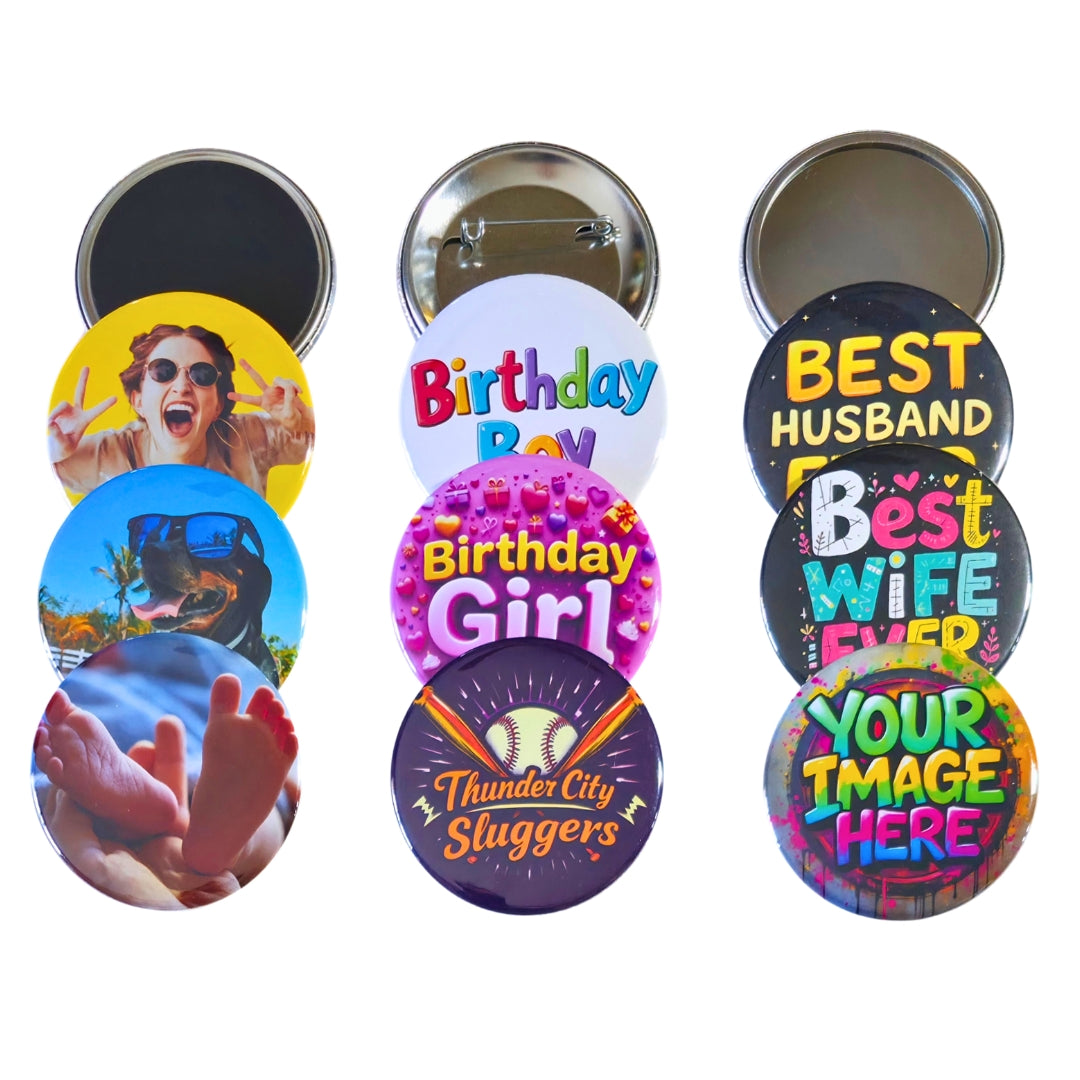 Custom round photo magnets, buttons, pins, and mirrors featuring personalized designs, ideal as creative and unique gift ideas.