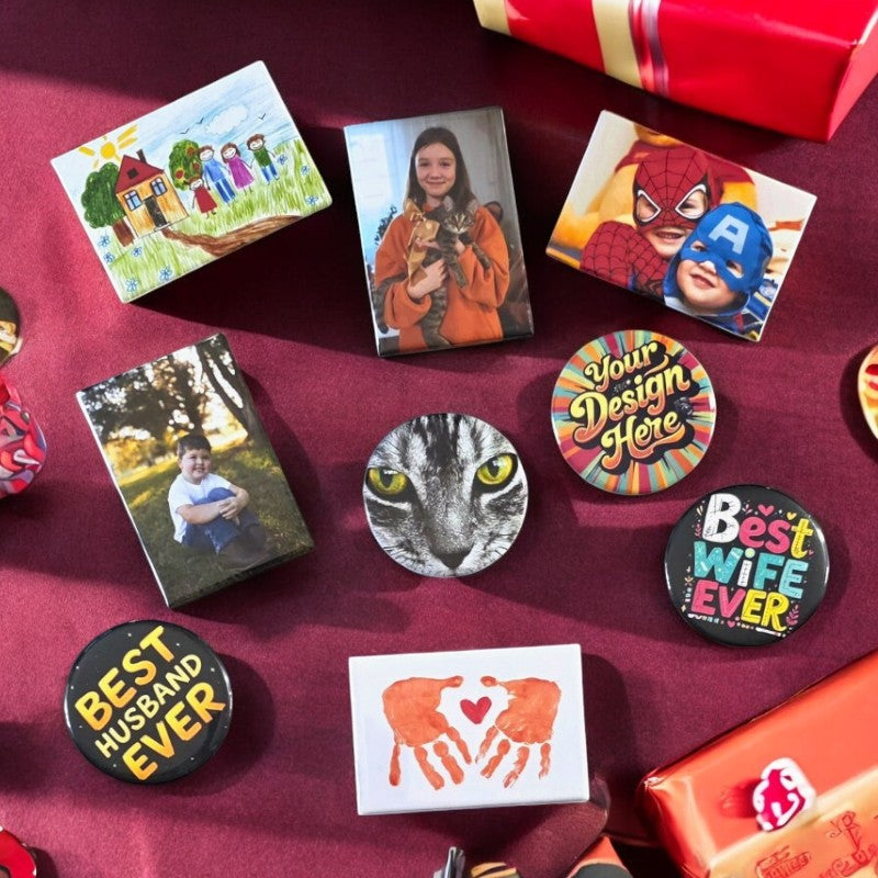 Personalized custom photo magnets, buttons, and mirrors, offering great gift ideas for Valentine's Day, anniversaries, Christmas, birthdays, and other special occasions.