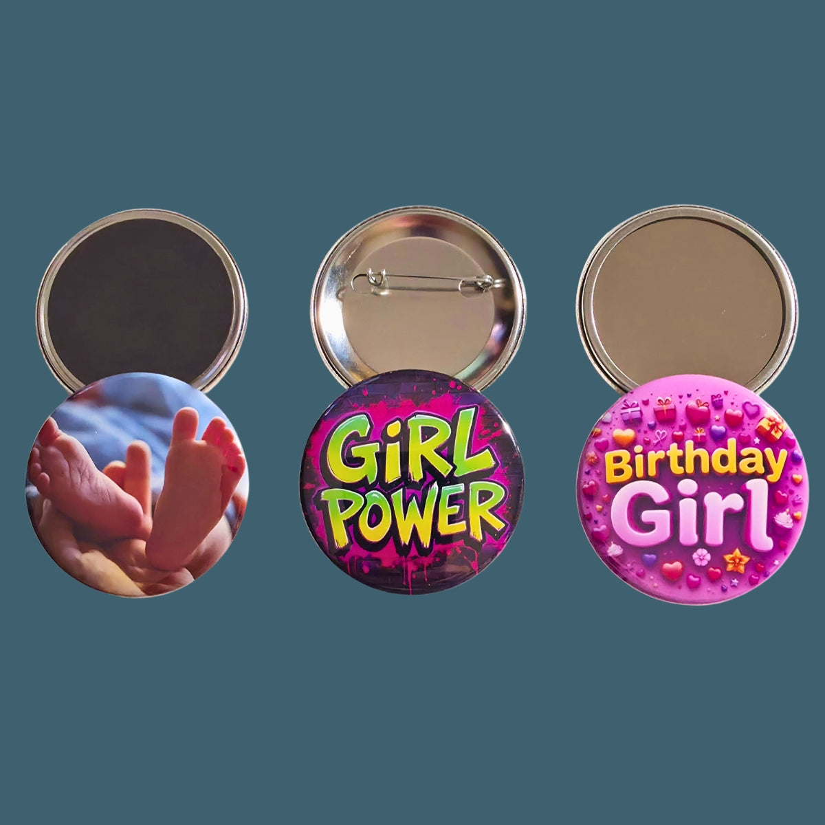 Custom round magnets and pins, and buttons, featuring personalized designs, perfect for adding a unique touch to your collection or as thoughtful gifts